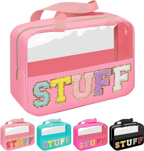 Miniatura 14 de Iqimott Bolsa de bebé con parche de letras de chenilla, bolsa de cosméticos transparente para maquillaje, bolsa grande de almacenamiento