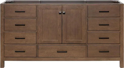 ARIEL Cambridge - Mueble base de tocador de baño de 66 pulgadas, madera maciza, 2 puertas de cierre suave, 9 cajones de cola de milano, roble marrón