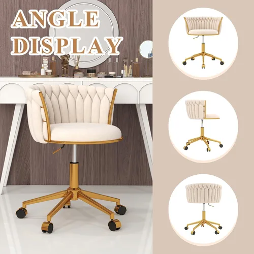 Miniatura 8 de ABET - Silla de tocador con ruedas, pequeña silla de oficina de terciopelo, taburete de maquillaje semi-circular tejido a mano para mujeres