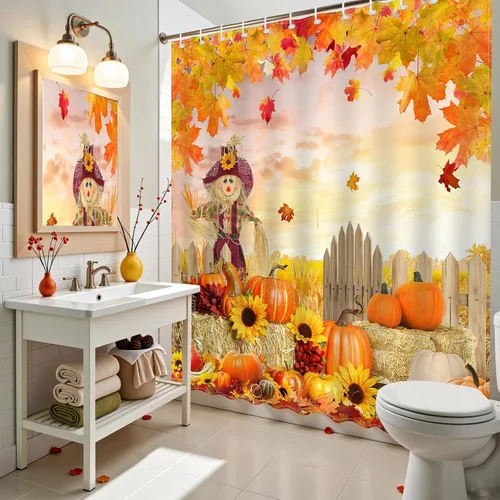 Miniatura 3 de Mocsicka Cortina de ducha de otoño, espantapájaros, calabaza, hojas lisas, girasol, linda cortina de ducha de otoño, cortina de baño de Acción