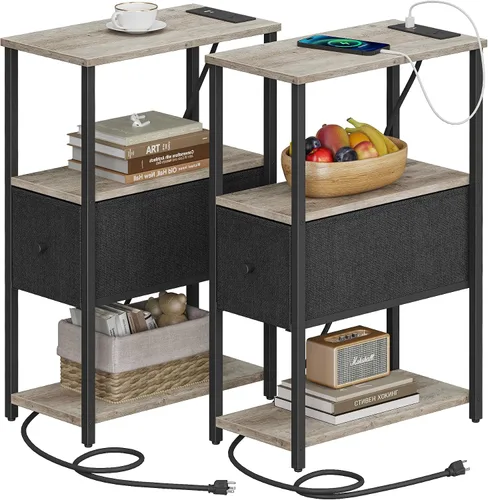 Miniatura 27 de TUTOTAK Mesa auxiliar pequeña y estrecha con LED y estación de carga, mesa lateral con tomas de corriente, mesita de noche con 2 cajones de tela