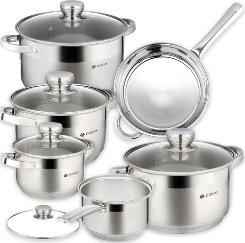 Daniks Juego de utensilios de cocina estándar de acero inoxidable de 11 piezas con tapas de vidrio, incluye cacerola con tapa y sartén, bases de