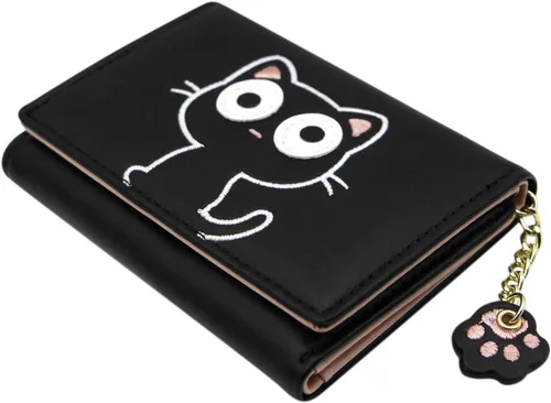 Miniatura 2 de Bonita cartera de gato para niñas y adolescentes, niños y mujeres, delgada de tres pliegues, tarjetero organizador con colgante de pata