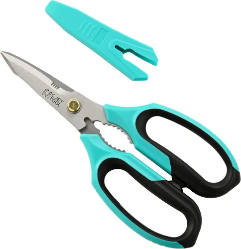 C.JET TOOL Tijeras resistentes de 8 pulgadas, tijeras multiusos para cartón, plástico, alfombra, cuerda, cuero. Cuchillas afiladas de acero Turquesa