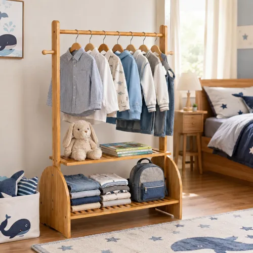 Miniatura 8 de BAMBOOHOMIE Perchero de ropa para niños con varillas ajustables, perchero de ropa para niños, bebés, mascotas, perchero para niños con 2 estantes