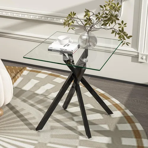 Miniatura 3 de Mesa auxiliar pequeña de vidrio con patas de metal negro, moderna mesa auxiliar cuadrada de vidrio templado transparente con diseño elegante