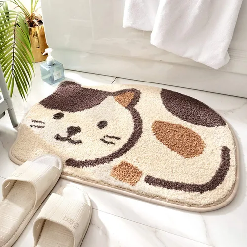 Ankah Tapete para ducha, bañera, baño, alfombra de baño, antideslizante, absorbente, diseño adorable con imagen de gato, tapete suave seco, Beige