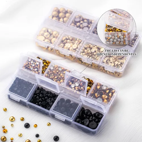 Miniatura 8 de Kit de perlas y diamantes de imitación con parte trasera plana de oro negro, 3929 unidades, diamantes de imitación de resina de tamaño mixto