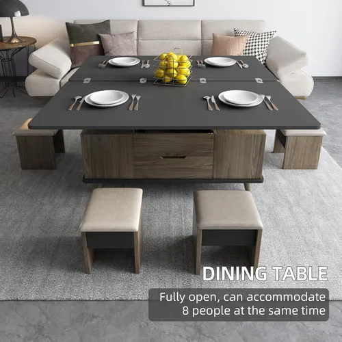 Miniatura 6 de Mesa de centro elevable con 4 taburetes de poliuretano, mesa de centro clásica de color negro con contraste marrón que se convierte en mesa