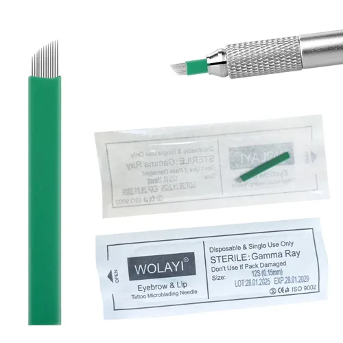 12S 30 agujas de microblading nano 0.006 in - hoja más fina del mercado, aguja manual de maquillaje permanente para tatuaje de cejas con fecha de