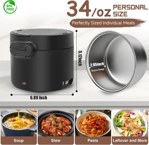 Miniatura 3 de Lonchera eléctrica para hombres, 1L/34oz 100W calentador de alimentos portátil a prueba de fugas calentador de alimentos para adultos 12V/24V/110V