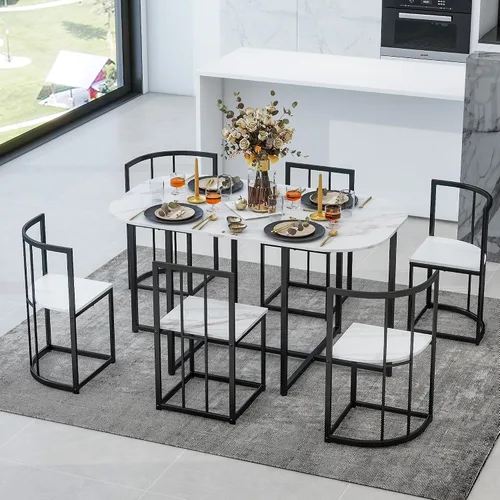 Miniatura 10 de Quarte Moderno juego de mesa de comedor de 7 piezas con mármol sintético, juego de mesa de cocina de metal compacto, diseño de silla triangular
