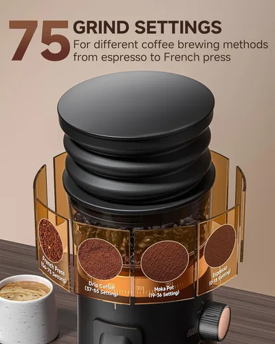 Miniatura 2 de AMZCHEF Molinillo de café de dosis única, molinillo de rebabas de 75 ajustes, rebabas cónicas de 1.575 in, diseño antiestático y de baja retención
