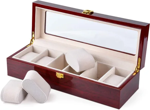 Miniatura 4 de Karamanda Caja de reloj de pintura de madera con 6 ranuras anchas, organizador de almacenamiento de reloj rojo cereza con parte superior de vidrio