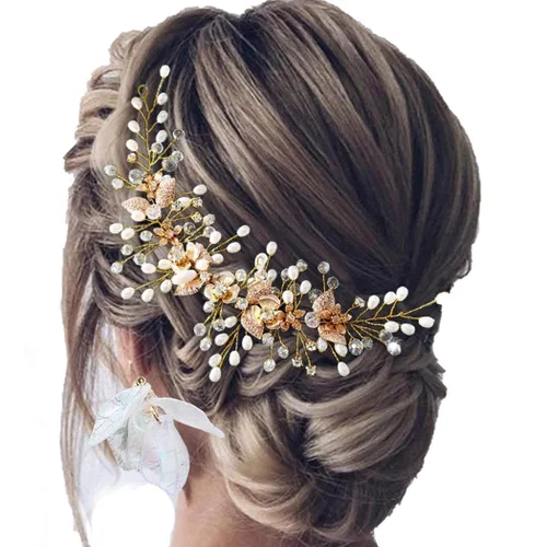 Miniatura 8 de Flower Bride Wedding Hair Vine - Tocado de novia de hoja de plata, accesorios para el cabello de perlas para mujeres y novias
