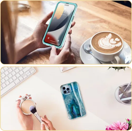 Miniatura 6 de Esdot Funda para iPhone 15 Pro con protector de pantalla integrado, funda duradera con diseños de moda para mujeres y niñas, elegante funda Piedra
