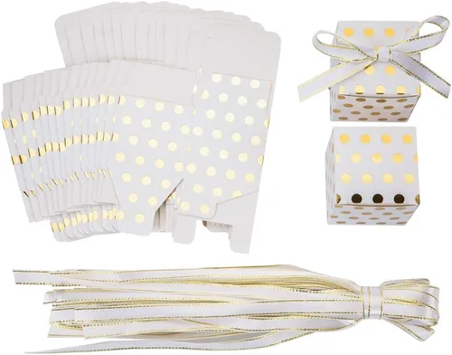 Miniatura 5 de AWELL Caja de dulces de regalo blanca a granel con puntos dorados de 2 x 2 x 2 pulgadas con cinta para recuerdos de fiesta, puntos dorados, paquete
