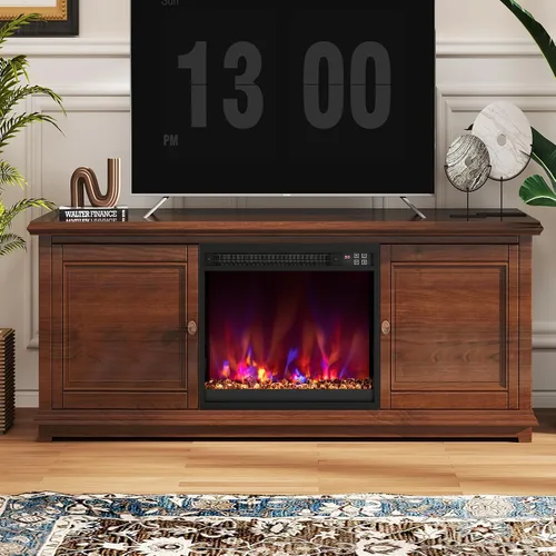 Miniatura 2 de COSTWAY Calentador de chimenea empotrado de 18 pulgadas, inserto de chimenea eléctrica con llama multicolor y cama de brasas de cristal, control