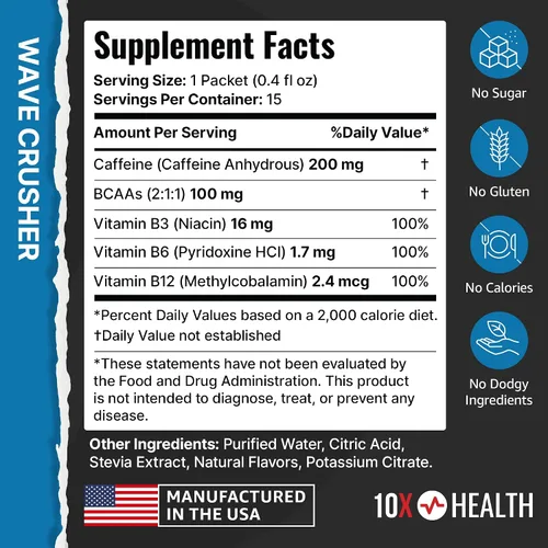 Miniatura 6 de 10X Health Energy Wave Crusher - Paquetes de bebidas energéticas con 200 mg de cafeína, BCAA y vitaminas B, paquetes de mezcla de bebidas