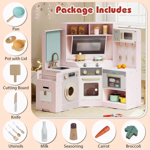 Miniatura 7 de Costzon Cocina de Juego de Esquina, Cocina Grande de Juego de Simulación con Luz y Sonido Reales, Bote de Basura Extraíble, Estufas, Microondas