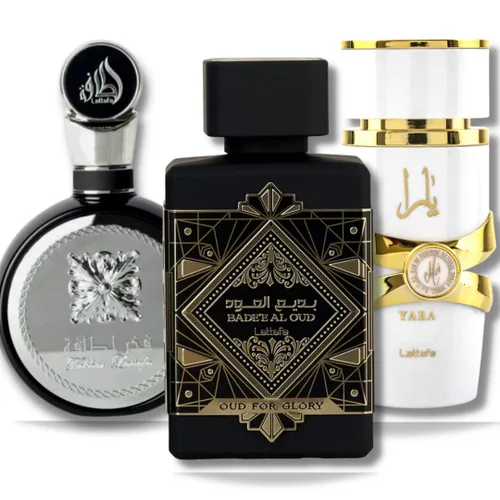 Lattafa Perfumes para Unisex Juego de Regalo de 3 Piezas de Eau de Parfum (Bade'e Al Oud Oud For Glory + Fakhar para Hombre + Yara Moi) 3.4 oz/100