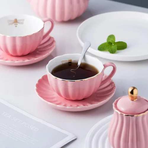 Miniatura 2 de Jusalpha Servicio para 6 tazas de café/taza de té rosa de porcelana fina, tazas y platillo de 8 onzas, con tetera, tazón de azúcar, cucharaditas