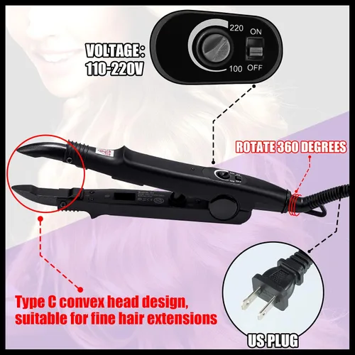 Miniatura 3 de Kit de extensión de cabello de queratina: plancha térmica, gránulos de pegamento de queratina, plantillas protectoras, pinzas para el cabello y Negro