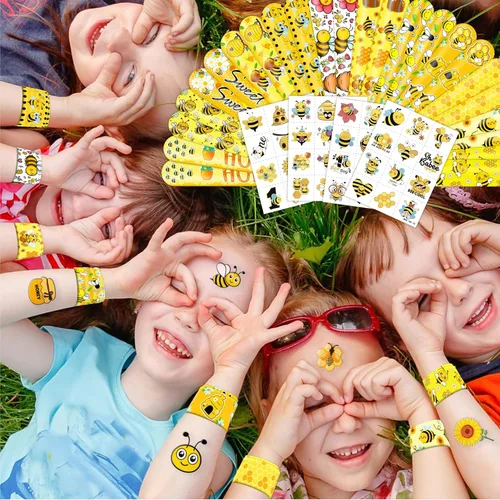 Miniatura 7 de Juego de 72 piezas para fiesta de abejas, 48 tatuajes temporales y 24 pulseras de bofetada, suministros de cumpleaños con temática de abejorro