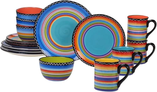 Tequila Sunrise - Juego de vajilla de cerámica bohemia de 16 piezas – Platos, cuencos y tazas multicolor vibrantes para 4 – Vajilla atrevida apta