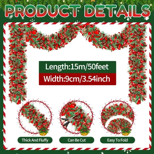 Miniatura 2 de Guirnalda de Oropel de Navidad de 50 Pies, Guirnalda de Oropel Gruesa, Decoraciones para Árbol de Navidad, Guirnalda Metálica Trenzada de Oropel Mix3