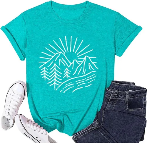 Miniatura 106 de Camisetas sin mangas de senderismo y montaña para mujer, divertidas camisetas de entrenamiento con gráficos de pino y amanecer, camisetas de verano
