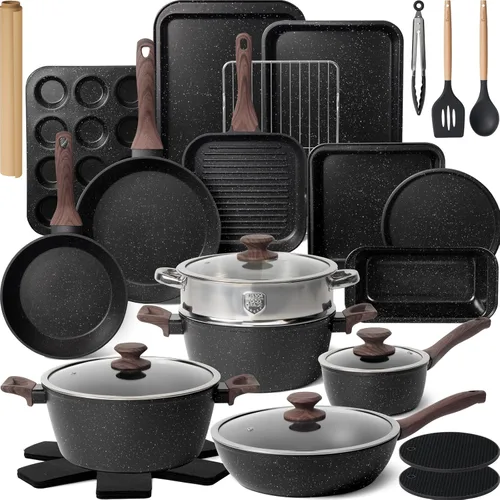 Kikcoin Juego de ollas y sartenes antiadherentes de 31 piezas de cocina antiadherentes con sartén para parrilla, cacerola para hornear, color negro