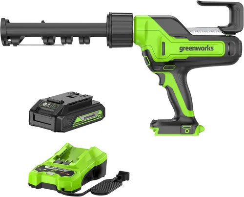 Greenworks Pistola de calafateo y adhesivo inalámbrica de 24 V de 10 onzas, antigoteo de 6 velocidades con batería USB de 2 Ah y cargador de 2 A