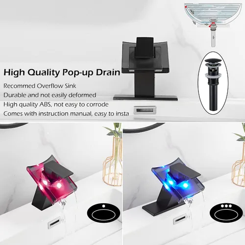Miniatura 2 de Grifo negro para baño, caño de vidrio LED con cascada con tapón de drenaje de desbordamiento, mango único, montaje en cubierta de un agujero, diseño