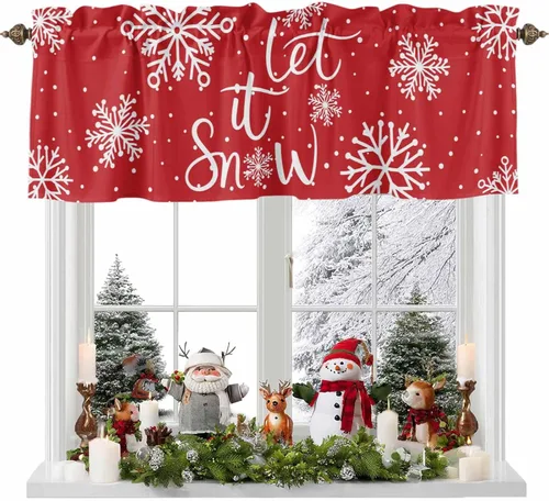 Miniatura 20 de Cenefa de cortina con lazo rojo de Navidad para ventanas, sala de estar, cocina, baño, granja, bolas de Navidad de acuarela con diseño de bayas