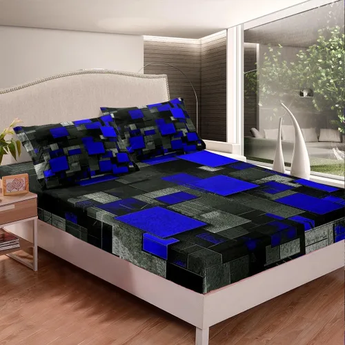 Miniatura 3 de Feelyou Juego de sábanas para niños, color azul y negro, tamaño individual, juego de sábanas geométricas de cuadrícula geométrica con sábana bajera