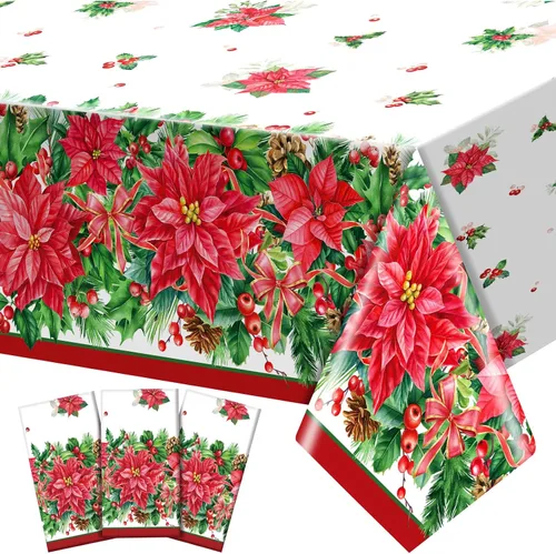 Miniatura 8 de Frienda Paquete de 3 manteles de plástico para Navidad, mantel de Navidad desechable rectangular para decoración de fiesta de Navidad, suministros