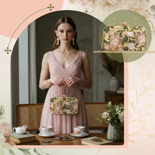 Miniatura 6 de 4 Pcs Vintage Floral Embroidered Clutch Jewelry Set, Evening Handbag Necklace Earrings Bracelet Wedding Gift Prom Christmas