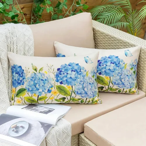 Miniatura 6 de Blue Hydrangea Floral Decor Outdoor Lumbar Pillow Covers Waterproof 12x20 Inch Set of 2, Summer Hydrangea Flower Decorative Pillows for Porch Couch