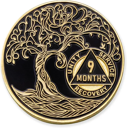 Miniatura 140 de 20 Year Sobriety Mint Twisted Tree of Life - Medallón de recuperación AA chapado en oro, fichas y fichas, color negro