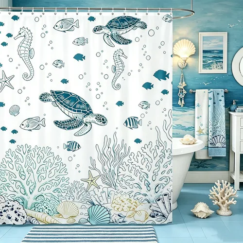 Miniatura 20 de Cortina de ducha de sirena, decoración de baño con escala de acuarela, habitación para niños y niñas, mujeres, caricaturas, delfín, pulpo