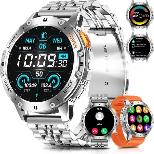 Miniatura 10 de Relojes inteligentes militares para hombres con llamada Bluetooth, reloj inteligente impermeable AMOLED de 1.43" con linterna, rastreador de fitness