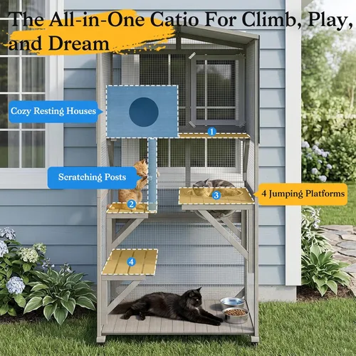 Miniatura 2 de Catio - Caja para gatos de 66.2 pulgadas con ruedas y acceso a la ventana, casa grande para gatos al aire libre para balcón, patio, jaula de madera