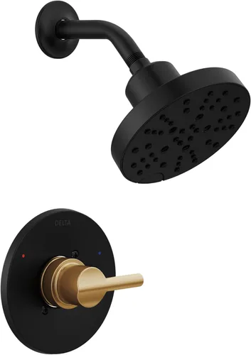 Delta Nicoli Serie 14 H2Okinetic - Juego de grifo de ducha y mango de ducha negro mate/dorado cepillado, kit de molduras de válvula, negro Negro
