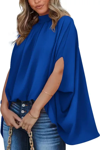 Miniatura 9 de BTFBM Blusas de verano para mujer, cuello alto falso, manga murciélago, holgadas, dobladillo alto y bajo, blusas informales de gran