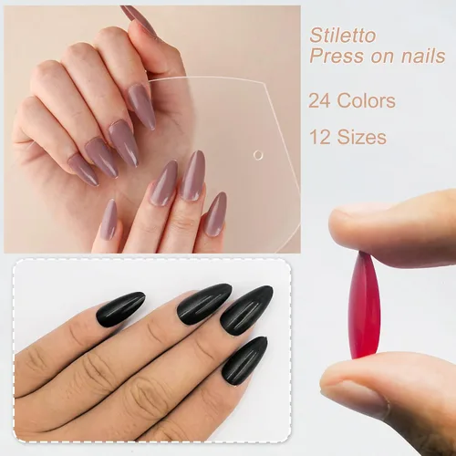 Miniatura 2 de AddFavor 576 uñas postizas a presión de almendra, uñas postizas medianas de cobertura completa, uñas cortas de aguja a presión, uñas postizas