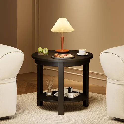 Miniatura 5 de Mesa auxiliar redonda de madera maciza con estante de almacenamiento, 22 pulgadas de ancho x 20 pulgadas de alto, mesa auxiliar de madera moderna