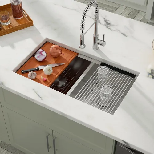 Miniatura 8 de Dcolora DC-U-1111 - Fregadero de cocina de 33 pulgadas con doble tazón, estación de trabajo de acero inoxidable 50/50 dividida baja dividida calibre