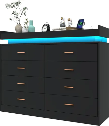 Miniatura 9 de Hlivelood Cómoda de 8 cajones con luz LED y estación de carga, cómoda moderna para armario, armario organizador de cajones anchos para dormitorio