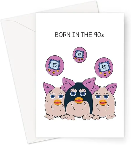Tarjeta de felicitación Born In The 90s | Tarjeta de cumpleaños para bebé de los 90, nacido en los noventa, furbies, tamagotchis, colorido